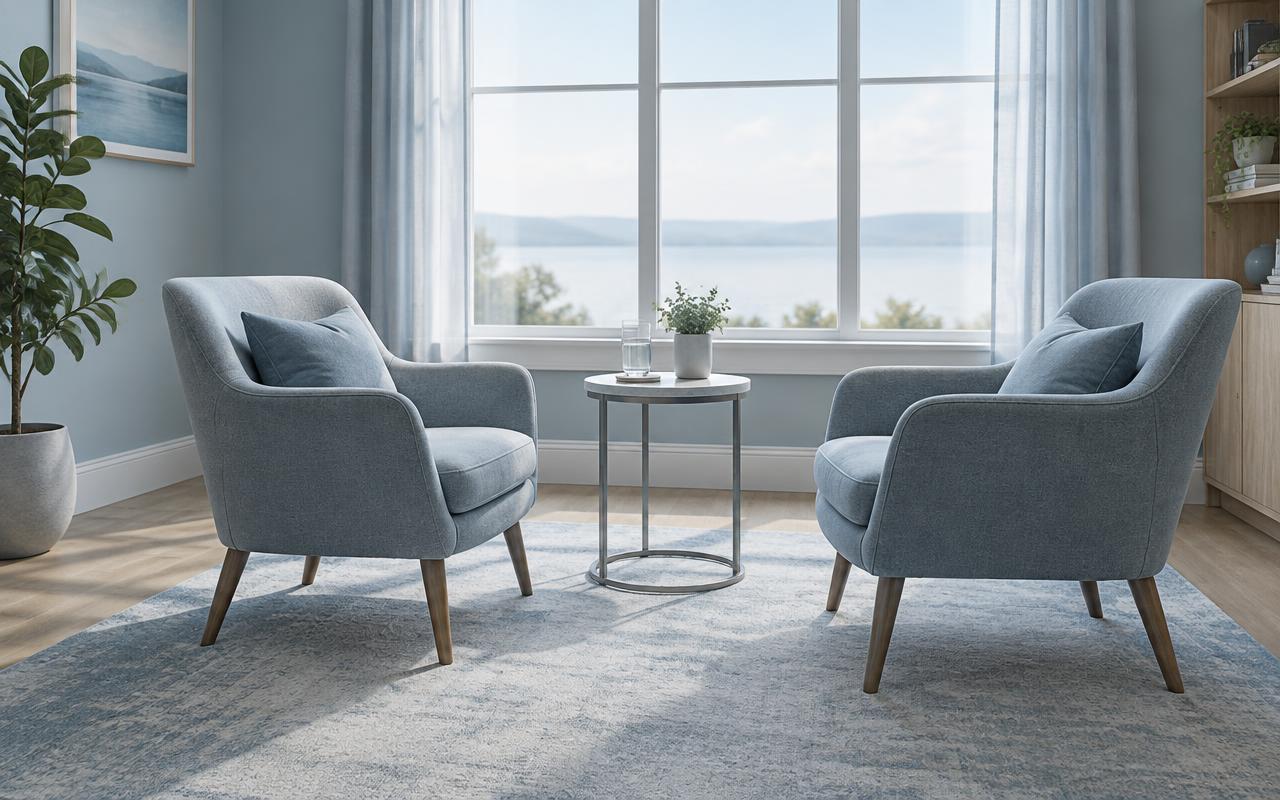 Twee stoelen tegenover elkaar in een lichte, rustige ruimte
