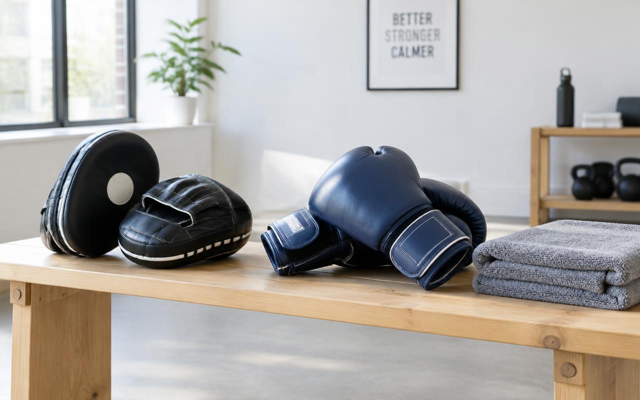 Bokspads en handschoenen liggen klaar op een bankje
